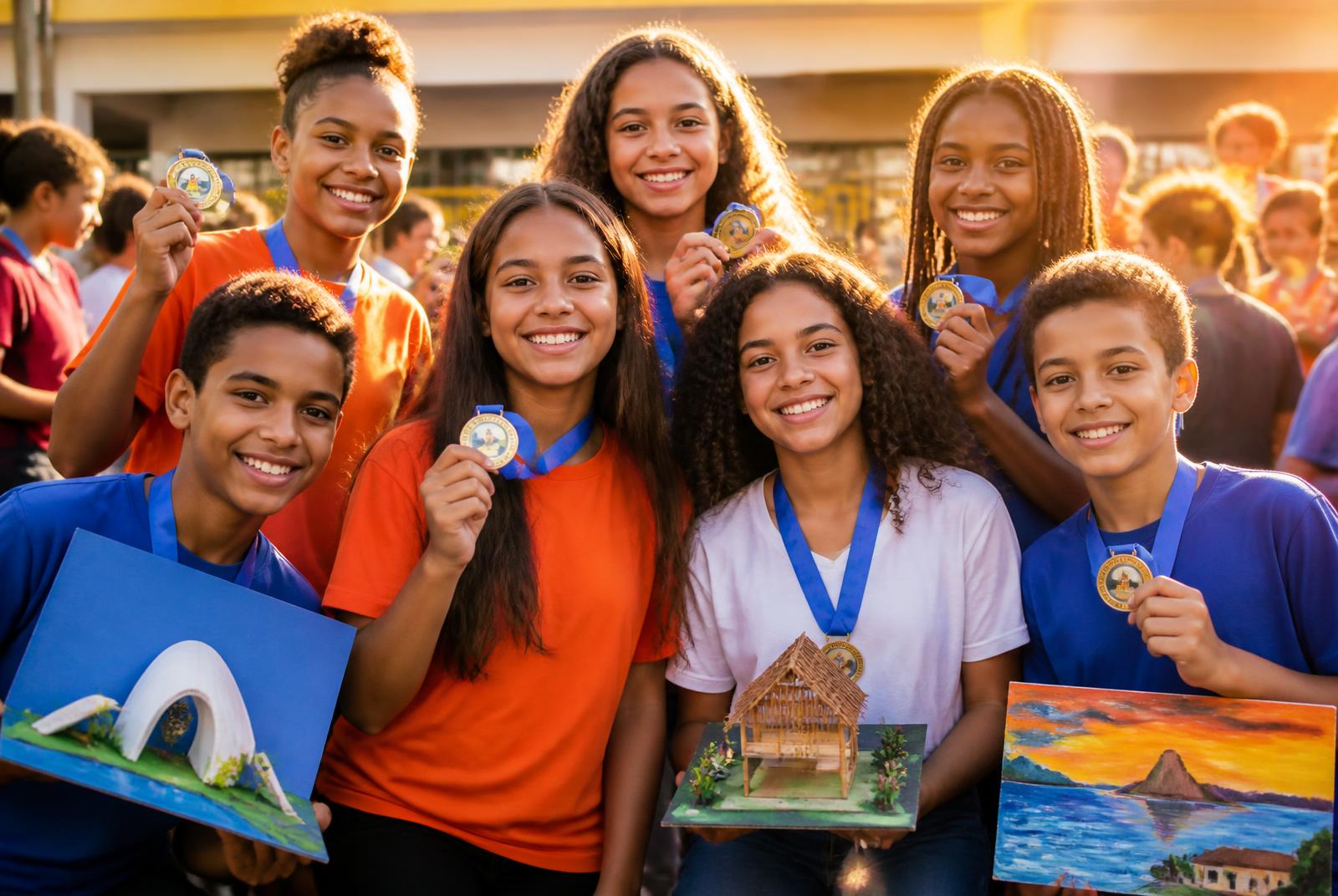 Alunos celebrando conquistas acadêmicas e culturais