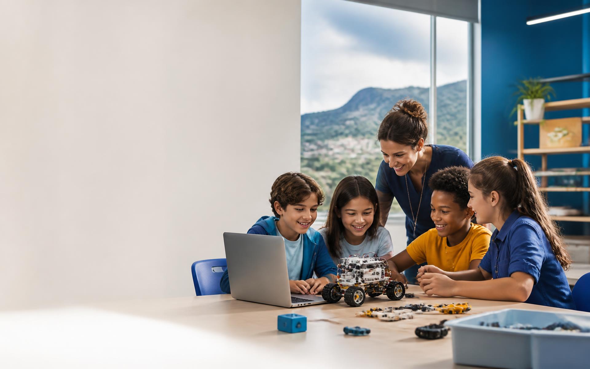 Alunos desenvolvendo um projeto de robótica com a professora