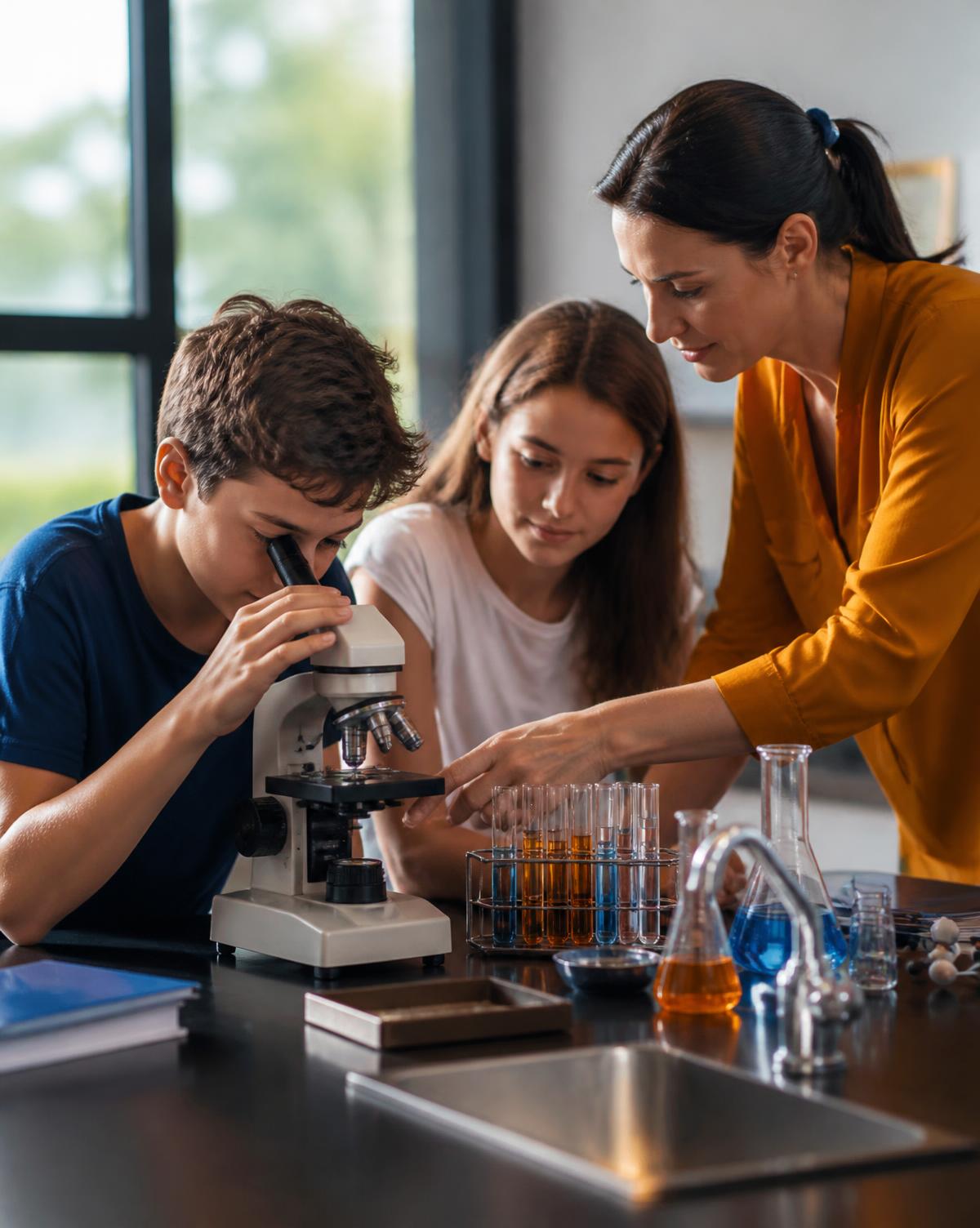 Professora orientando alunos em uma experiência de laboratório